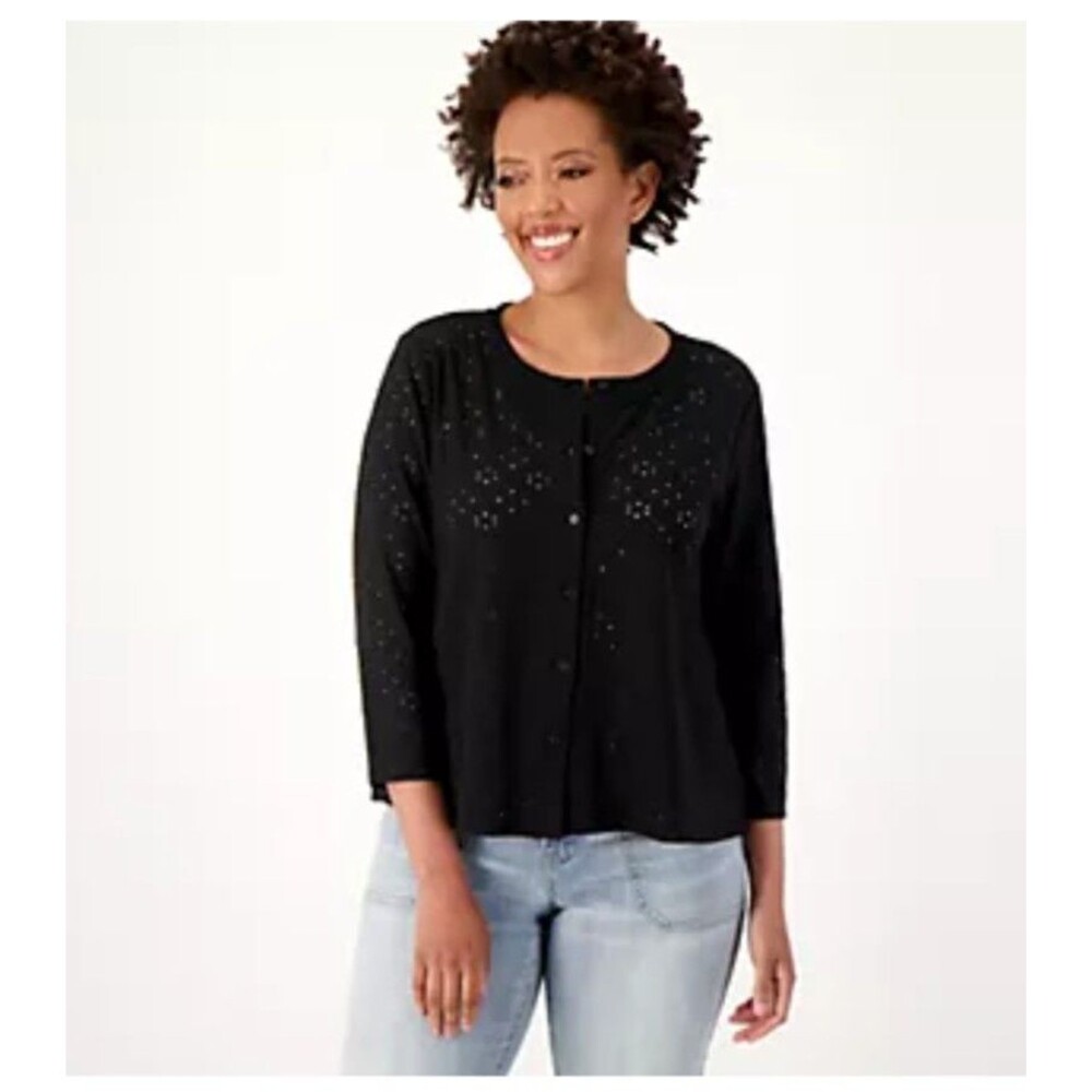 Logo By Lori Goldstein XL Stretch Eyelet Button Front Cardigan Whimisgoth Sheer
